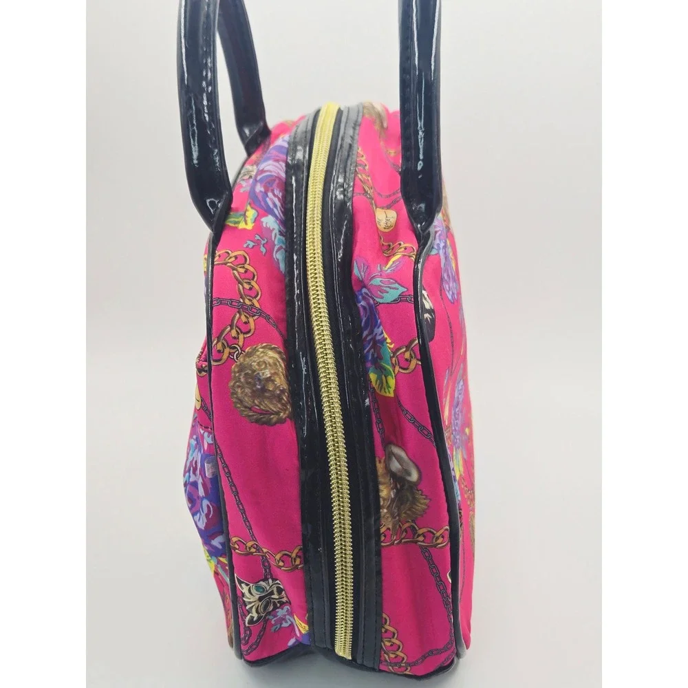 Betsey Johnson Y2K Pink Floral Chain Print Nylon Satchel Bag Black Patent‎ Trim